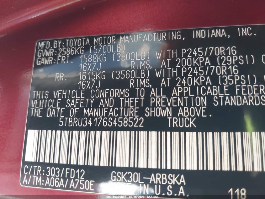 2006 Toyota Tundra VIN 5TBRU34176S458522 IAAI salvage auction — FRONT END, Clear (Texas), sold $2,425 on 2026-07-08 (photo 9)