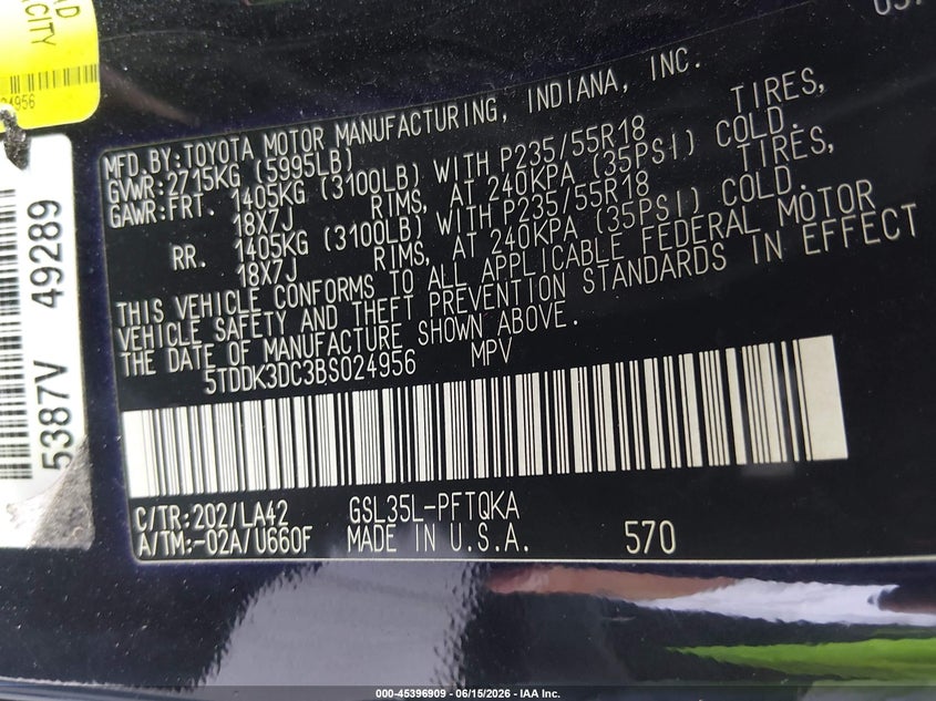 2011 Toyota Sienna VIN 5TDDK3DC3BS024956 IAAI salvage auction — MECHANICAL, Clear (South Carolina), sold $1,600 on 2026-07-29 (photo 9)