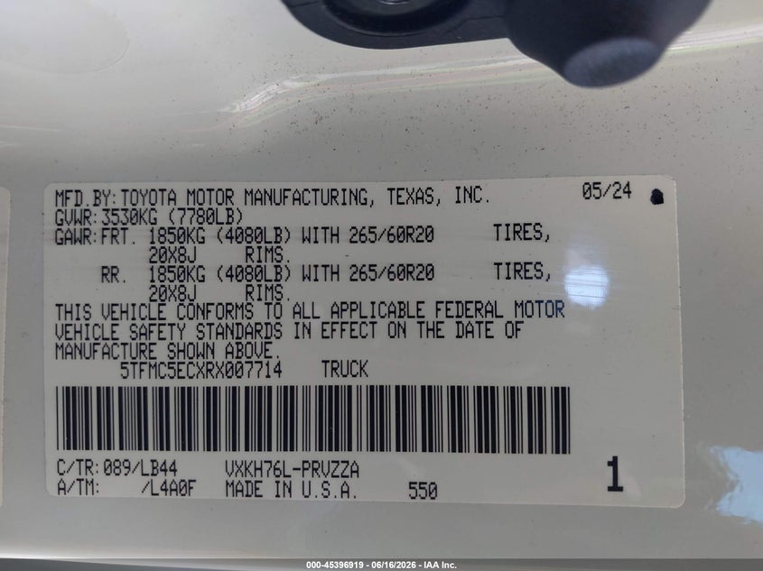2024 Toyota Tundra VIN 5TFMC5ECXRX007714 IAAI salvage auction — REAR END, Bill Of Sale (Washington), sold $29,050 on 2026-07-13 (photo 9)