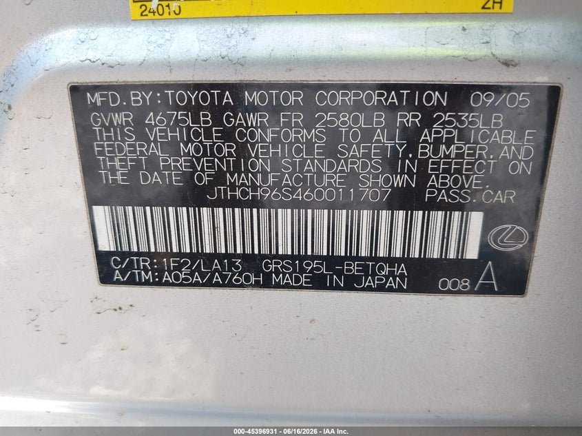 2006 Lexus Gs 300 VIN JTHCH96S460011707 IAAI salvage auction — LEFT REAR, Salvage (Connecticut), sold $425 on 2026-07-14 (photo 9)