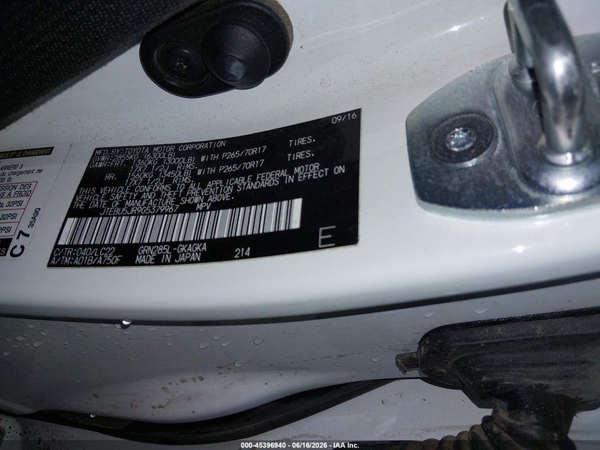 2016 Toyota 4runner VIN JTEBU5JR9G5379967 IAAI salvage auction — FRONT END, Salvage Title, sold $7,525 on 2026-07-31 (photo 9)