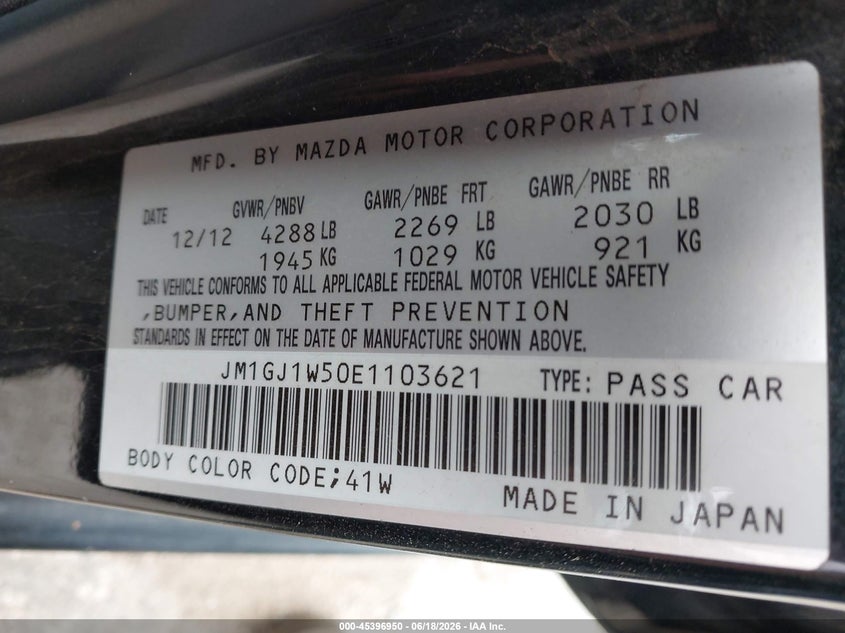 2014 Mazda 6 VIN JM1GJ1W50E1103621 IAAI salvage auction — FRONT END, Non-Repairable (Texas), sold $25 on 2026-07-21 (photo 9)