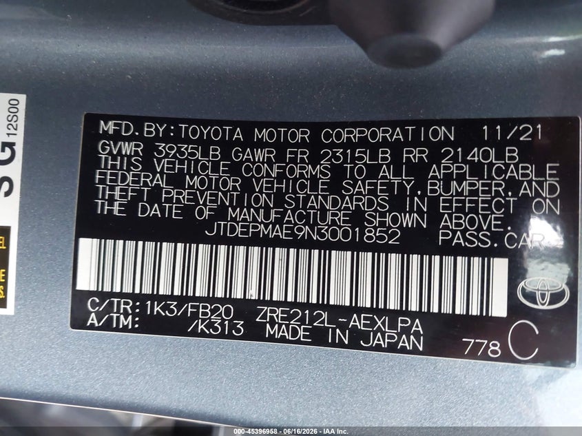 2022 Toyota Corolla VIN JTDEPMAE9N3001852 IAAI salvage auction — LEFT FRONT, Original (Texas), sold $4,300 on 2026-07-29 (photo 9)