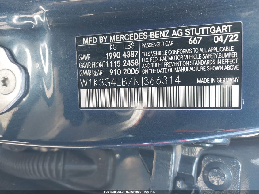 2022 Mercedes-benz A-klasse VIN W1K3G4EB7NJ366314 IAAI salvage auction — TRANSMISSION, Salvage (Mississippi), sold $8,700 on 2026-07-28 (photo 9)