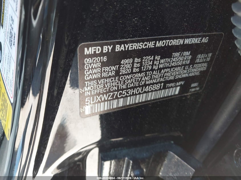 2017 BMW X3 VIN 5UXWZ7C53H0U46881 IAAI salvage auction — REAR END, Salvage (North Carolina), sold $3,350 on 2026-07-13 (photo 9)