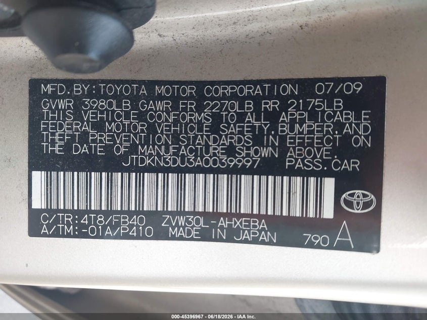 2010 Toyota Prius VIN JTDKN3DU3A0039997 IAAI salvage auction — REAR END, Salvage (North Carolina), sold $900 on 2026-07-08 (photo 9)