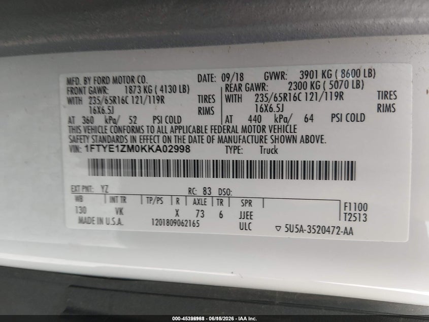 2019 Ford Transit 150 VIN 1FTYE1ZM0KKA02998 IAAI salvage auction — NORMAL WEAR, Sf97 (Kentucky), sold $26,850 on 2026-07-15 (photo 9)