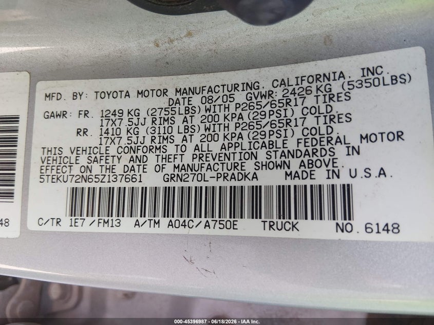 2005 Toyota Tacoma VIN 5TEKU72N65Z137661 IAAI salvage auction — LEFT REAR, Salvage (New Mexico), sold $4,500 on 2026-07-20 (photo 9)