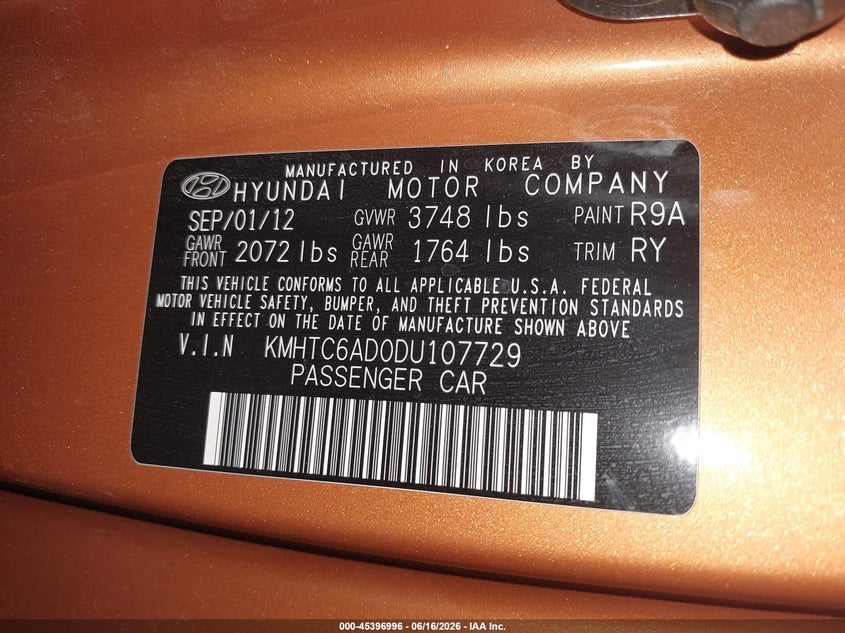 2013 Hyundai Veloster VIN KMHTC6AD0DU107729 IAAI salvage auction — REAR END, Salvage (Arizona), sold $1,150 on 2026-07-21 (photo 9)