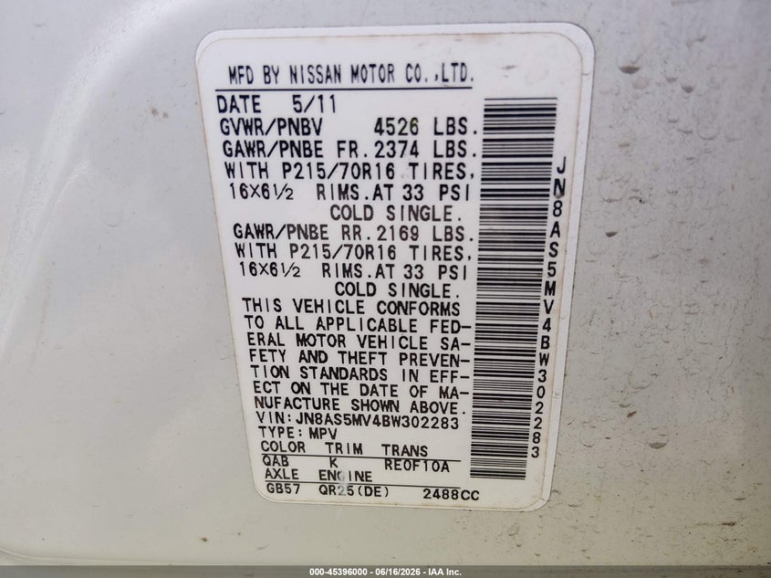 2011 Nissan Rogue VIN JN8AS5MV4BW302283 IAAI salvage auction — FRONT END, Salvage (North Carolina), sold $25 on 2026-07-15 (photo 9)