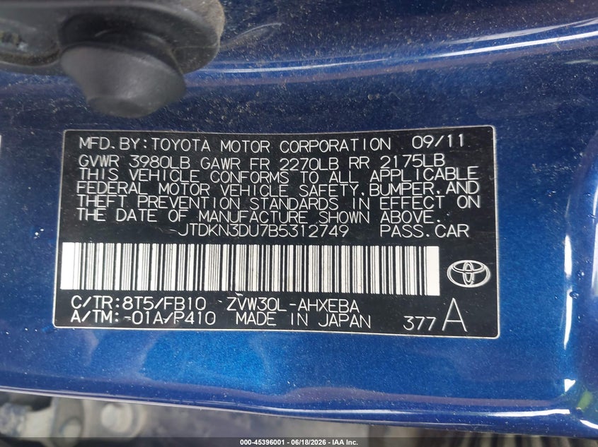 2011 Toyota Prius VIN JTDKN3DU7B5312749 IAAI salvage auction — NORMAL WEAR, Clear (Virginia), sold $725 on 2026-07-21 (photo 9)