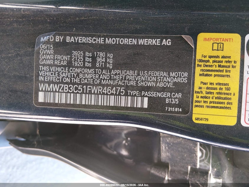 2015 Mini Countryman VIN WMWZB3C51FWR46475 IAAI salvage auction — UNKNOWN, Clear - Dealer Only (California), sold $1,800 on 2026-07-08 (photo 9)