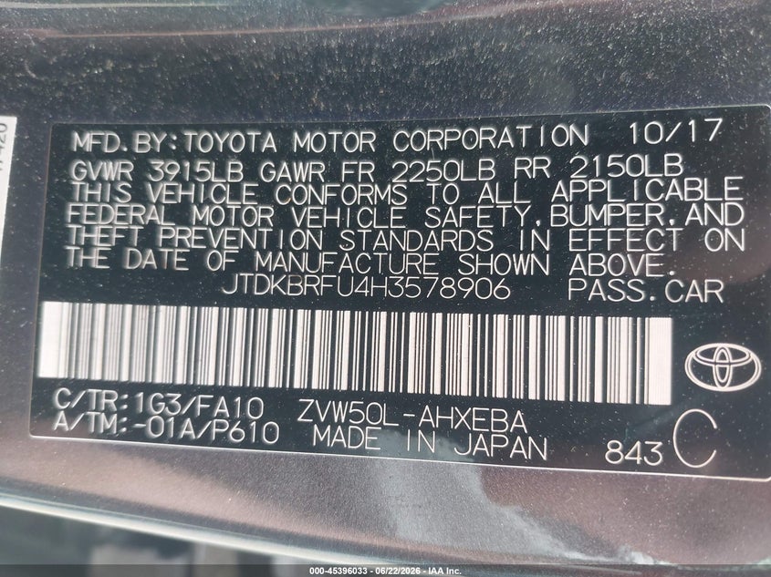 2017 Toyota Prius VIN JTDKBRFU4H3578906 IAAI salvage auction — FRONT END, Salvage (Idaho), sold $1,150 on 2026-07-15 (photo 9)