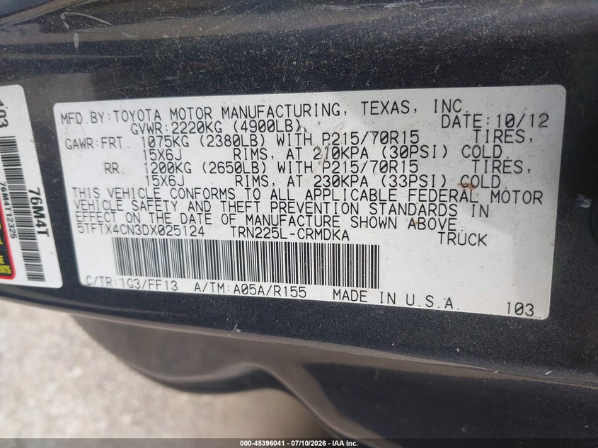 2013 Toyota Tacoma VIN 5TFTX4CN3DX025124 IAAI salvage auction — FRONT END, Rebuildable (Florida), sold $1,000 on 2026-07-24 (photo 9)