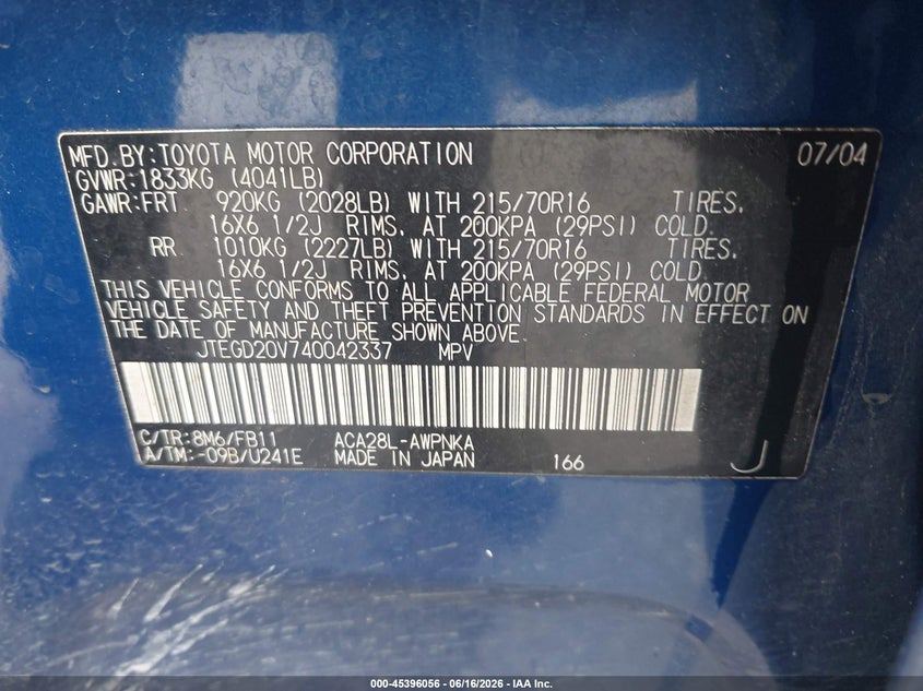 2004 Toyota Rav4 VIN JTEGD20V740042337 IAAI salvage auction — NORMAL WEAR, Original (Texas), sold $925 on 2026-07-22 (photo 9)