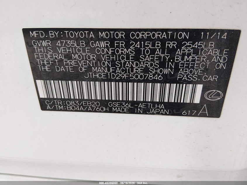 2015 Lexus Is VIN JTHCE1D29F5007846 IAAI salvage auction — RIGHT SIDE, Salvage Title, sold $6,000 on 2026-07-29 (photo 9)