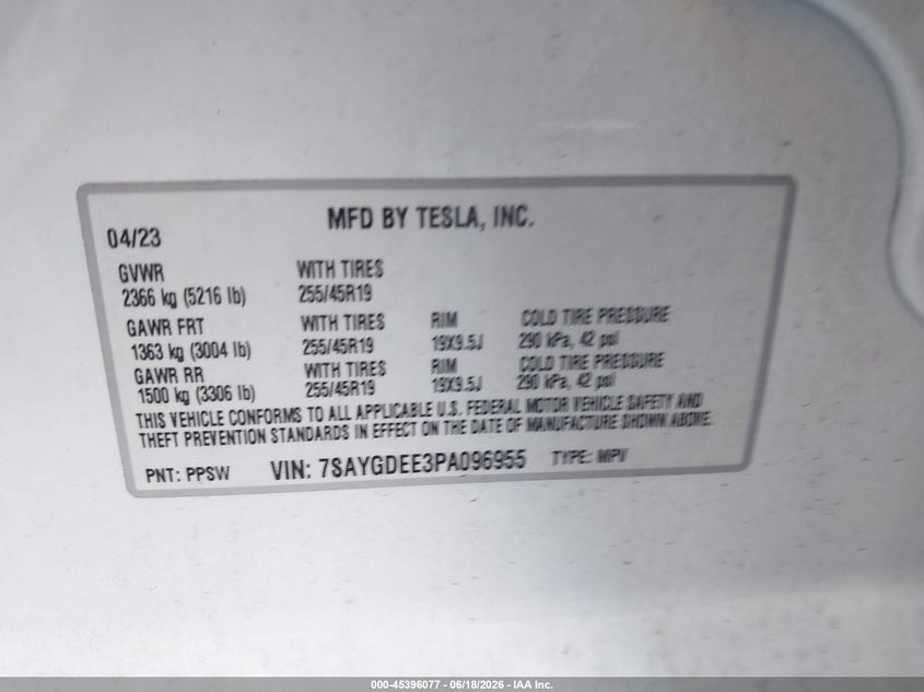 2023 Tesla Model y VIN 7SAYGDEE3PA096955 IAAI salvage auction — FRONT END, Salvage Title, sold $7,700 on 2026-07-23 (photo 9)