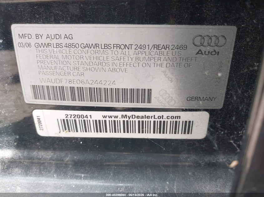 2006 Audi A4 VIN WAUDF78E06A244224 IAAI salvage auction — NORMAL WEAR, Clear-Dealer Only (Maryland), sold $400 on 2026-07-16 (photo 9)