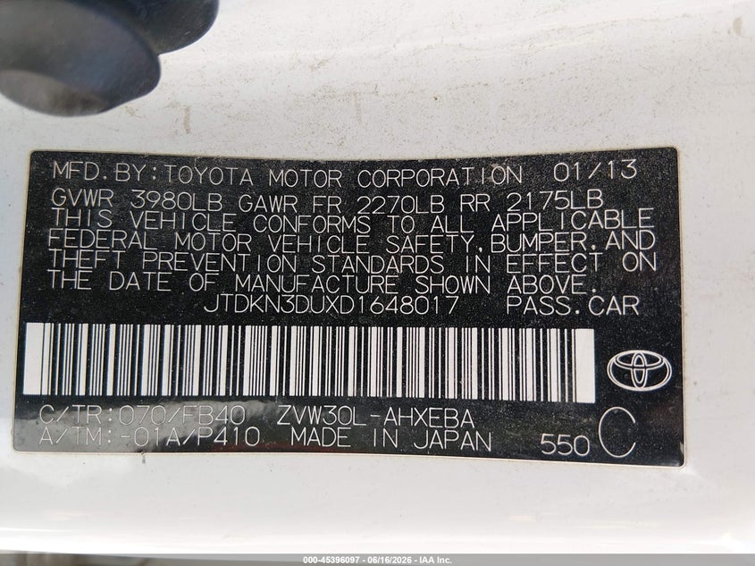 2013 Toyota Prius VIN JTDKN3DUXD1648017 IAAI salvage auction — NORMAL WEAR, Clear (Montana), sold $2,850 on 2026-07-07 (photo 9)