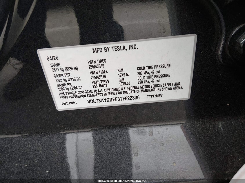 2026 Tesla Model y VIN 7SAYGDEE3TF622336 IAAI salvage auction — LEFT FRONT, Salvage Title, sold $15,200 on 2026-07-29 (photo 9)