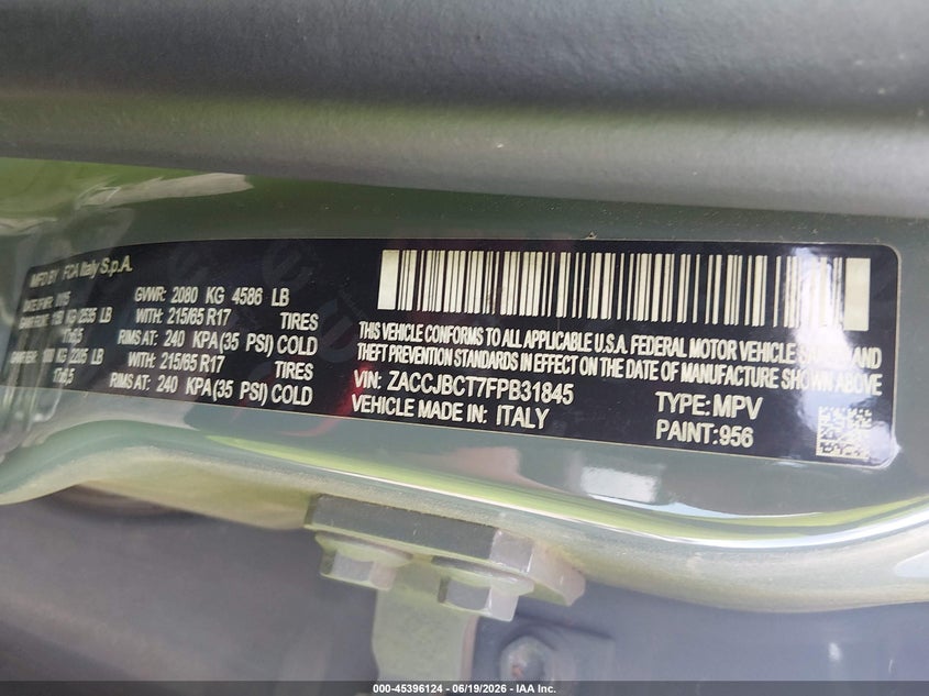 2015 Jeep Renegade VIN ZACCJBCT7FPB31845 IAAI salvage auction — FRONT END, Salvage (Louisiana), sold $1,550 on 2026-08-19 (photo 9)