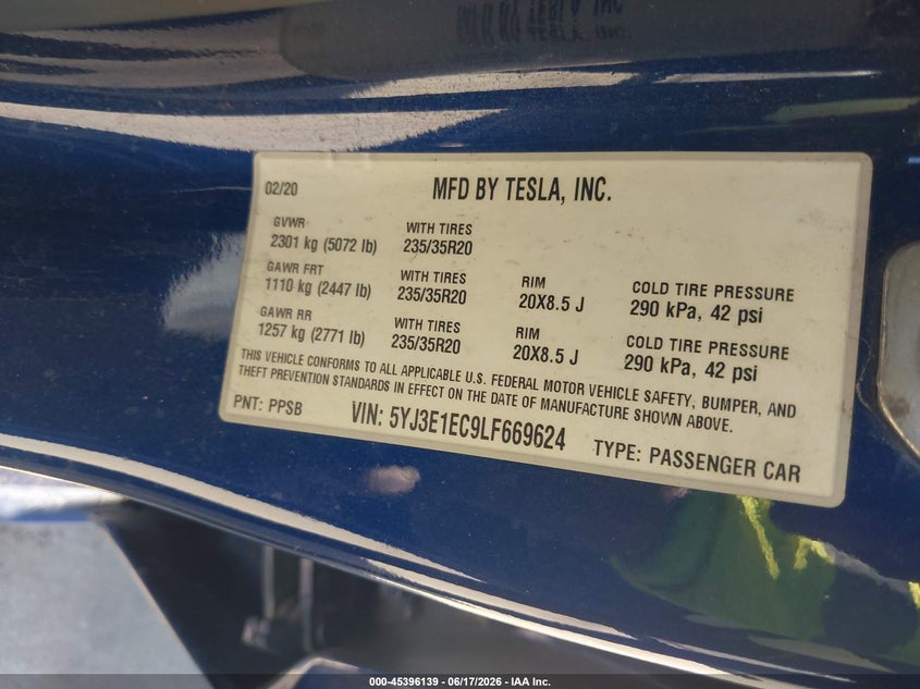 2020 Tesla Model 3 VIN 5YJ3E1EC9LF669624 IAAI salvage auction — REAR END, Salvage Title, sold $7,950 on 2026-09-02 (photo 9)