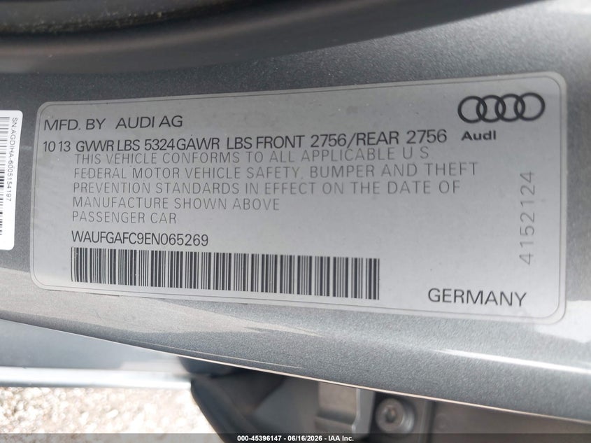 2014 Audi A6 VIN WAUFGAFC9EN065269 IAAI salvage auction — FRONT END, Salvage (Texas), sold $100 on 2026-07-17 (photo 9)