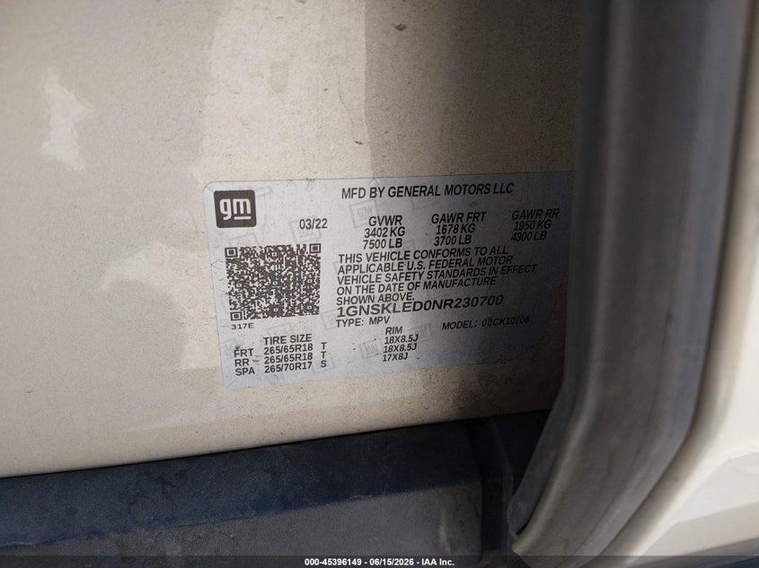 2022 Chevrolet Tahoe VIN 1GNSKLED0NR230700 IAAI salvage auction — RIGHT SIDE, Sf97 (California), sold $20,100 on 2026-07-28 (photo 9)