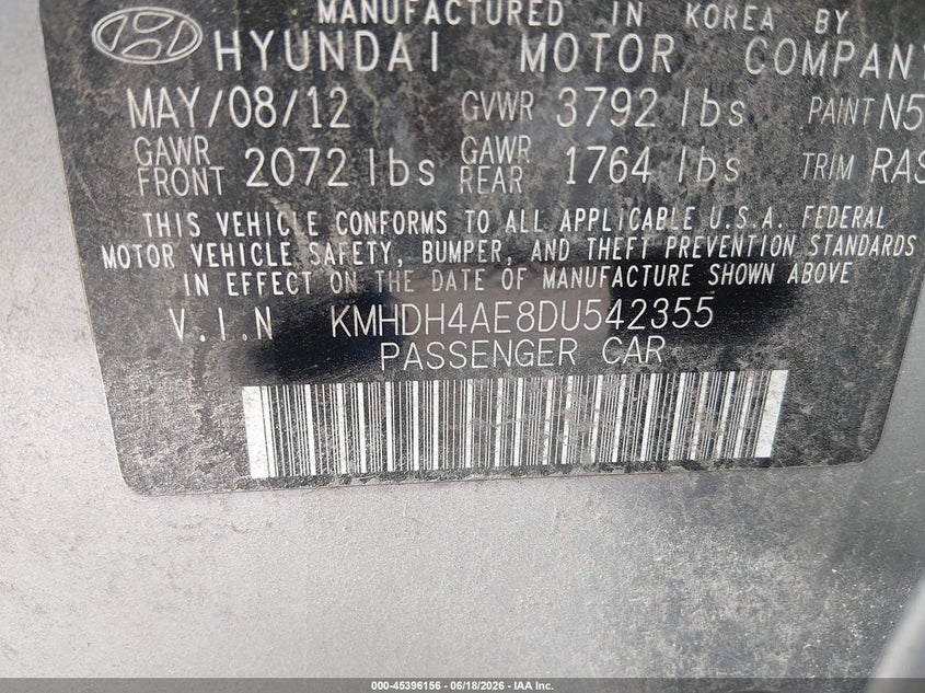 2013 Hyundai Elantra VIN KMHDH4AE8DU542355 IAAI salvage auction — NORMAL WEAR, Clear (Minnesota), sold $300 on 2026-07-29 (photo 9)