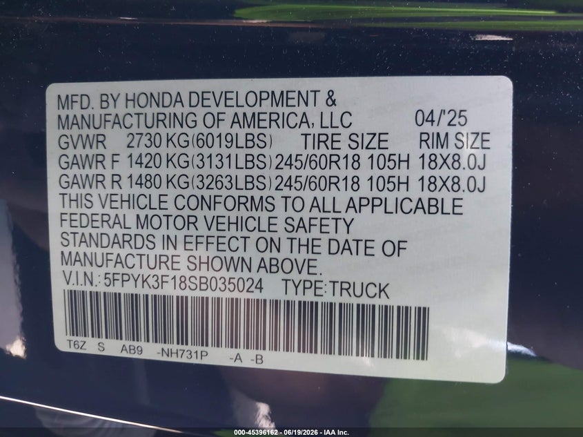 2025 Honda Ridgeline VIN 5FPYK3F18SB035024 IAAI salvage auction — RIGHT FRONT, Salvage Certificate (California), sold $13,300 on 2026-07-22 (photo 9)