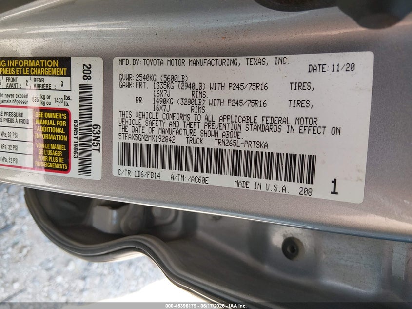 2021 Toyota Tacoma VIN 5TFAX5GN2MX192842 IAAI salvage auction — FRONT END, Salvage Title, sold $5,300 on 2026-07-30 (photo 9)