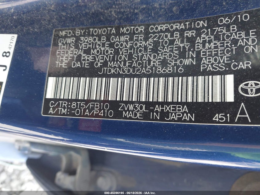 2010 Toyota Prius VIN JTDKN3DU2A5186816 IAAI salvage auction — FRONT END, Mv-907A (New York), sold $225 on 2026-07-07 (photo 9)