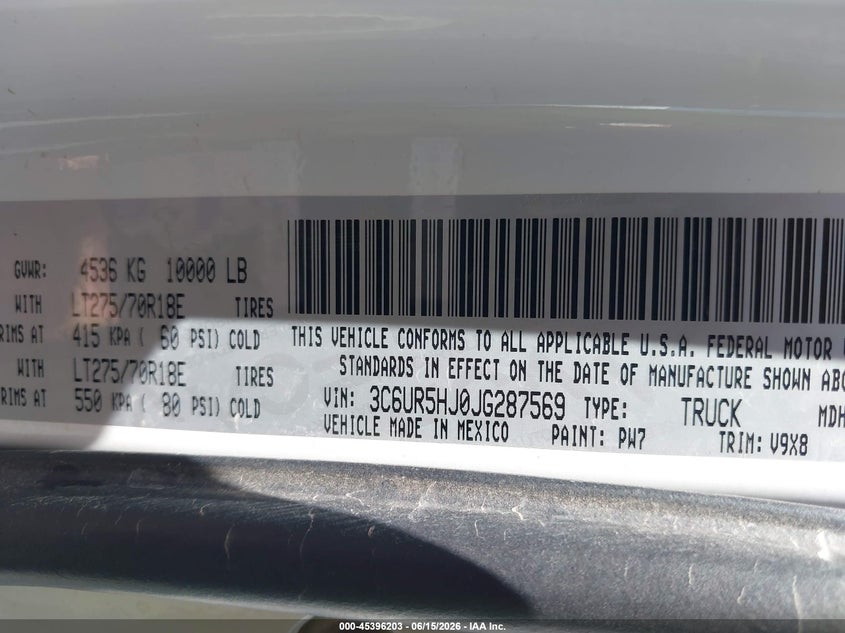 2018 Ram 2500 VIN 3C6UR5HJ0JG287569 IAAI salvage auction — REAR END, Sf97 (Nevada), sold $15,100 on 2026-07-28 (photo 9)