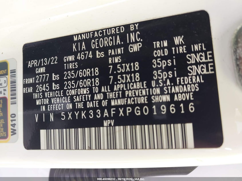 2023 Kia Sportage VIN 5XYK33AFXPG019616 IAAI salvage auction — FRONT END, Salvage Title, sold $4,925 on 2026-07-20 (photo 9)