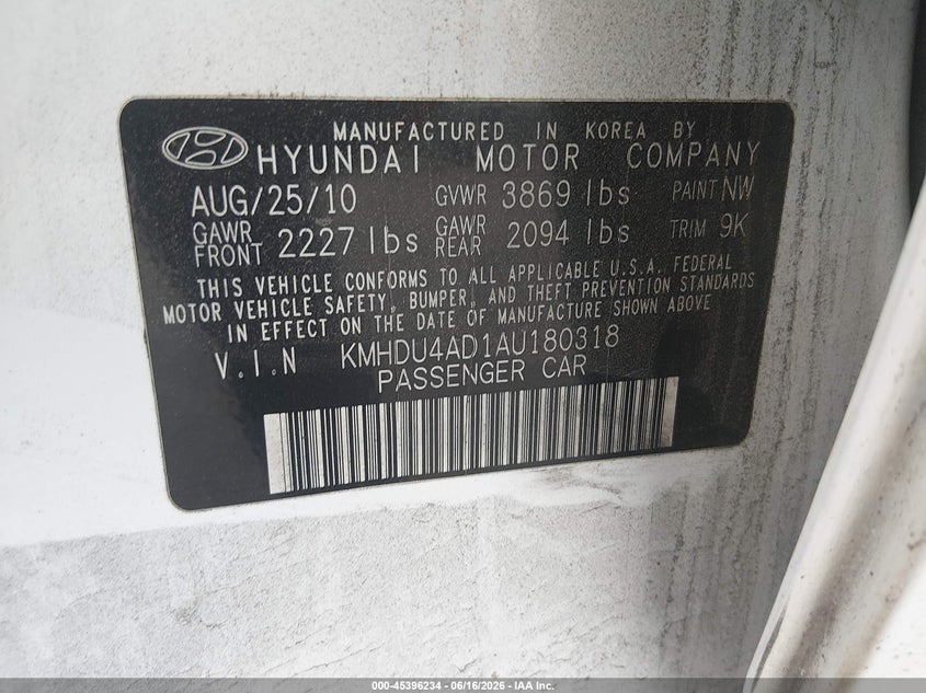 2010 Hyundai Elantra VIN KMHDU4AD1AU180318 IAAI salvage auction — FRONT END, Salvage (South Carolina), sold $25 on 2026-07-21 (photo 9)
