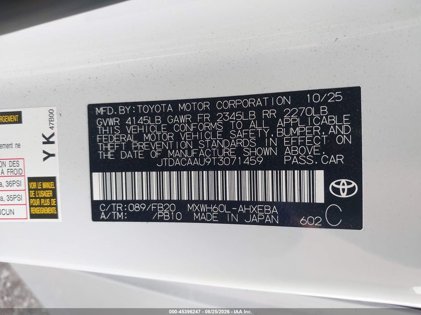2026 Toyota Prius VIN JTDACAAU9T3071459 IAAI salvage auction — FRONT & REAR, Salvage Title, sold $9,300 on 2026-07-17 (photo 9)