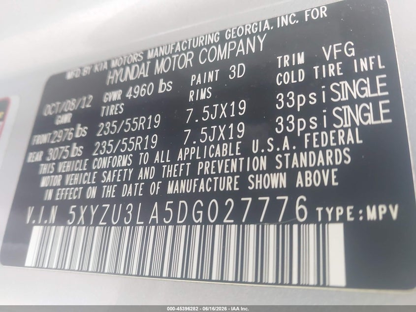 2013 Hyundai Santa fe VIN 5XYZU3LA5DG027776 IAAI salvage auction — NORMAL WEAR, Original (Texas), sold $1,525 on 2026-07-20 (photo 9)