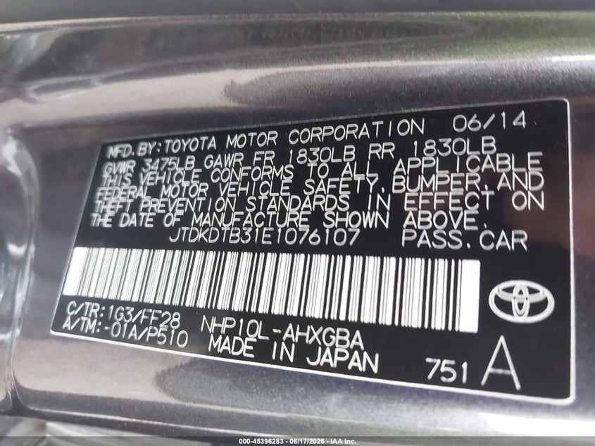 2014 Toyota Prius c VIN JTDKDTB31E1076107 IAAI salvage auction — FRONT & REAR, Clear (Indiana), sold $400 on 2026-07-29 (photo 9)