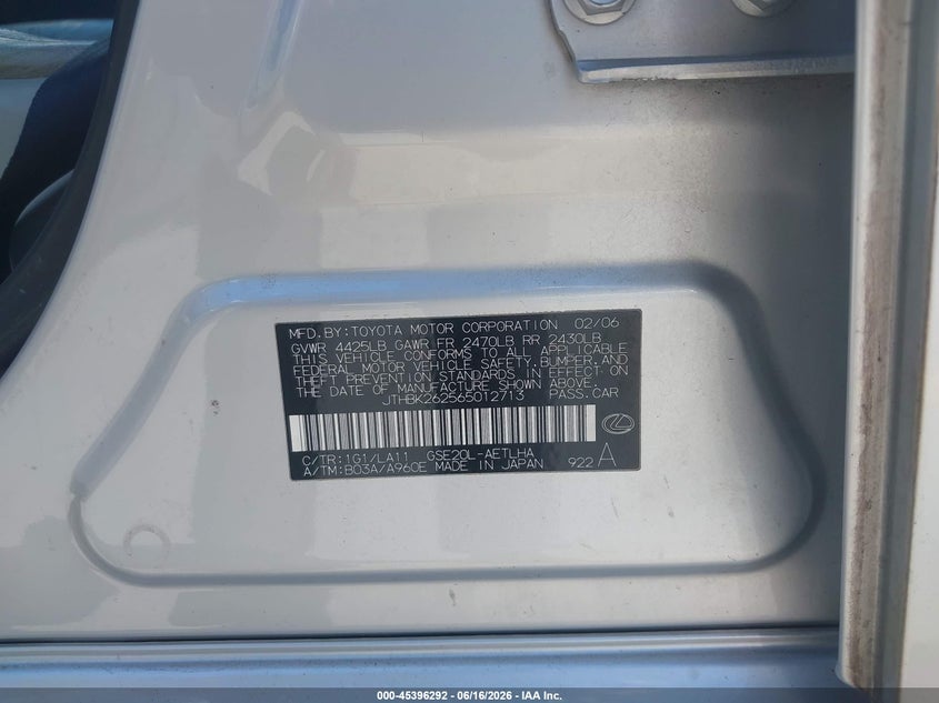 2006 Lexus Is VIN JTHBK262565012713 IAAI salvage auction — FRONT END, Salvage (California), sold $175 on 2026-07-13 (photo 9)