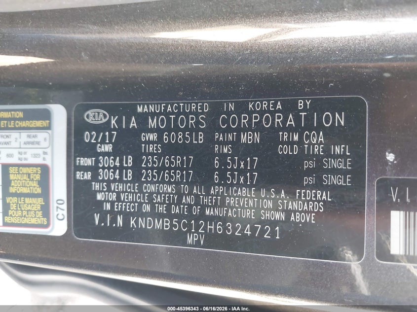2017 Kia SEDONA VIN KNDMB5C12H6324721 IAAI salvage auction — FRONT END, Clear (Indiana), sold $5,100 on 2026-07-14 (photo 9)