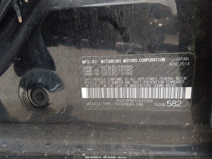 2014 Mitsubishi Lancer VIN JA32U8FW7EU022924 IAAI salvage auction — RIGHT FRONT, Salvage (Kansas), sold $450 on 2026-07-24 (photo 9)