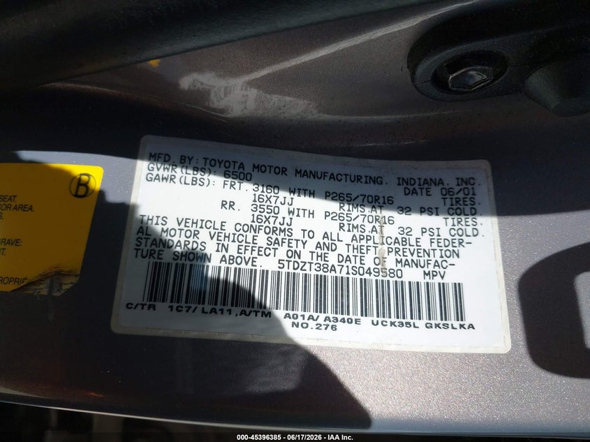 2001 Toyota Sequoia VIN 5TDZT38A71S049580 IAAI salvage auction — LEFT SIDE, Salvage (California), sold $925 on 2026-07-07 (photo 9)