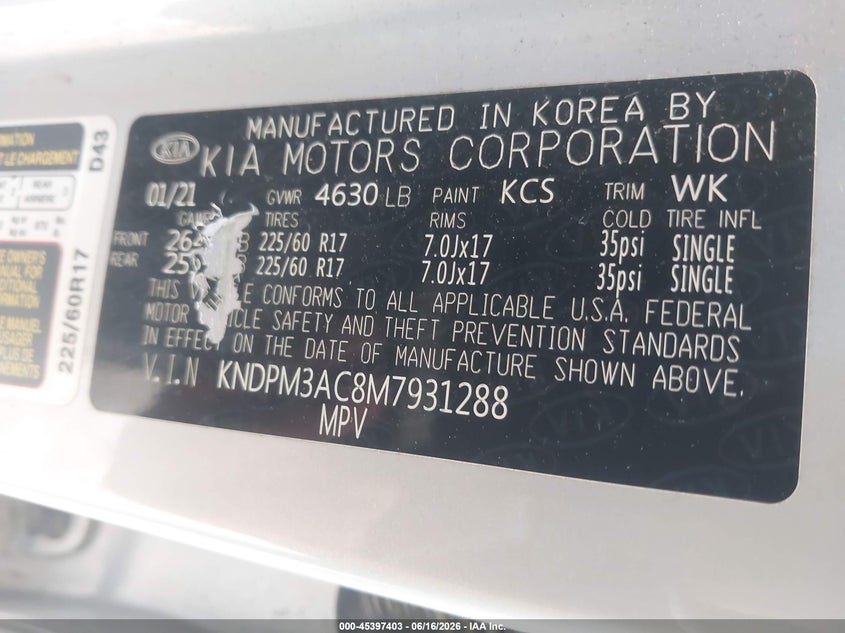 2021 Kia Sportage VIN KNDPM3AC8M7931288 IAAI salvage auction — REAR END, Salvage (Indiana), sold $3,850 on 2026-07-09 (photo 9)