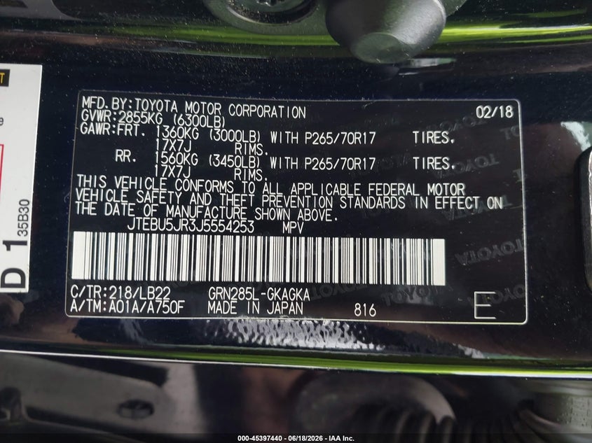 2018 Toyota 4runner VIN JTEBU5JR3J5554253 IAAI salvage auction — FRONT END, Salvage Title, sold $8,100 on 2026-07-21 (photo 9)