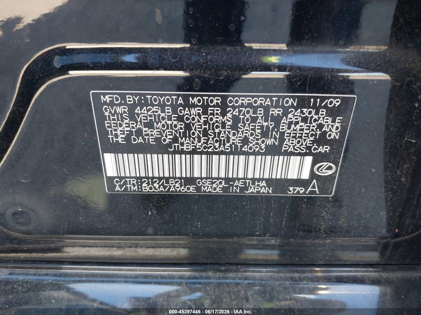 2010 Lexus Is 250 VIN JTHBF5C23A5114093 IAAI salvage auction — FRONT END, Clear (Virginia), sold $1,175 on 2026-07-14 (photo 9)