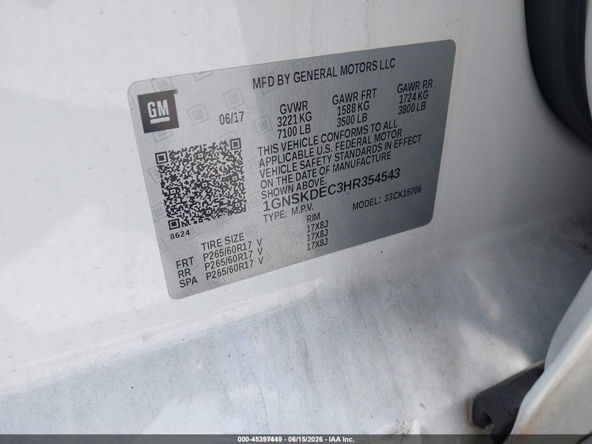 2017 Chevrolet Tahoe VIN 1GNSKDEC3HR354543 IAAI salvage auction — NORMAL WEAR, Sf97 (Maryland), sold $7,900 on 2026-07-31 (photo 9)
