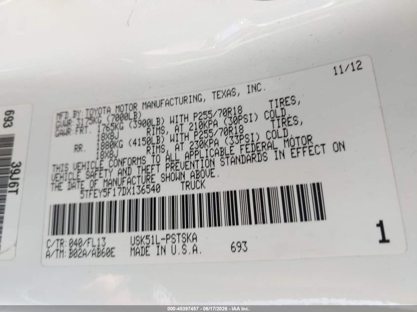 2013 Toyota Tundra VIN 5TFEY5F17DX136540 IAAI salvage auction — REAR END, Salvage (California), sold $3,925 on 2026-07-14 (photo 9)