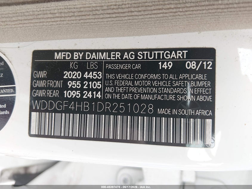 2013 Mercedes-benz C-klasse VIN WDDGF4HB1DR251028 IAAI salvage auction — NORMAL WEAR, Clear (Washington), sold $4,950 on 2026-07-08 (photo 9)