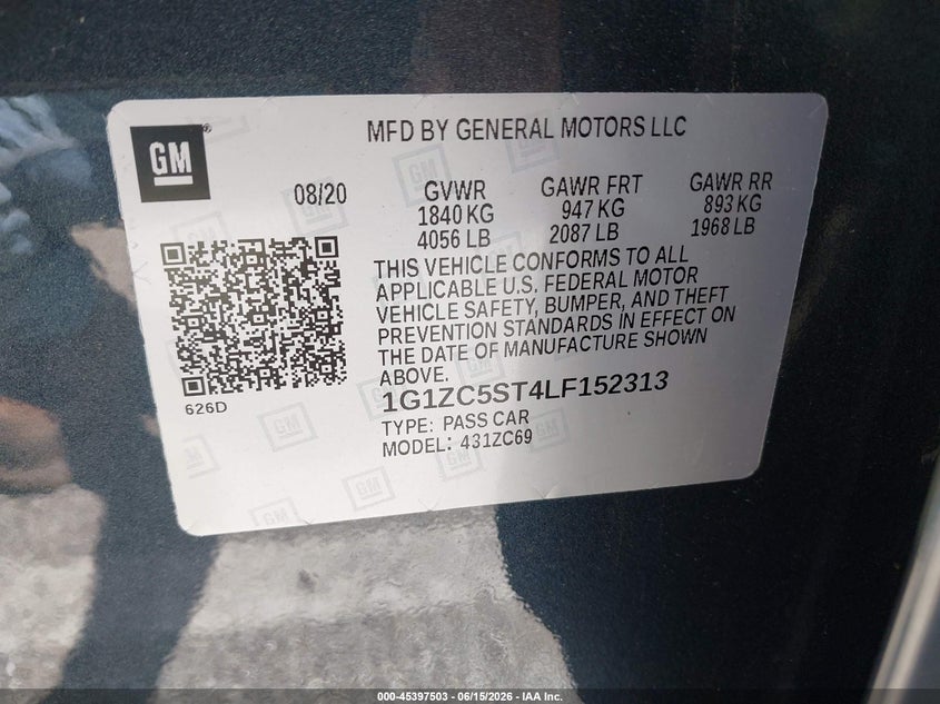 2020 Chevrolet Malibu VIN 1G1ZC5ST4LF152313 IAAI salvage auction — NORMAL WEAR, Sf97 (Indiana), sold $14,050 on 2026-07-15 (photo 9)