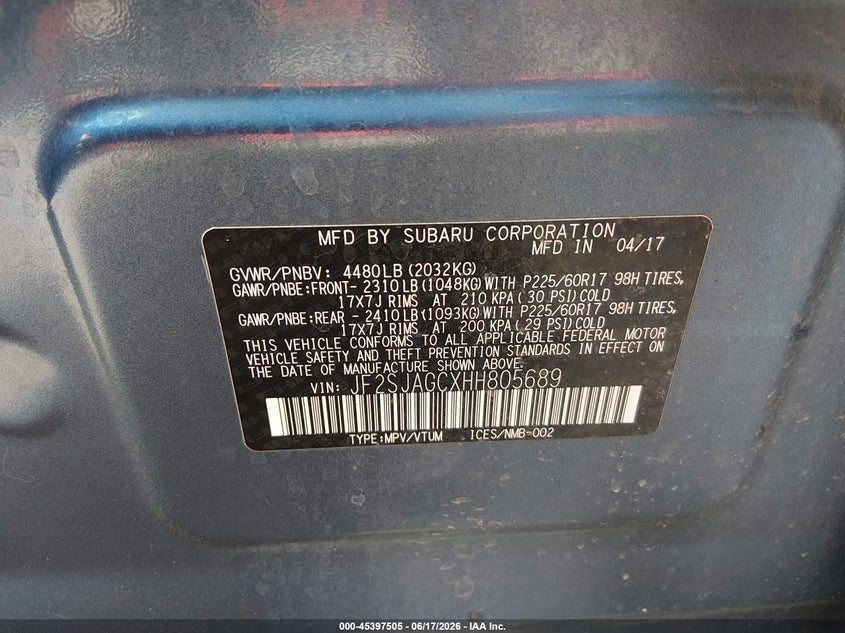 2017 Subaru Forester VIN JF2SJAGCXHH805689 IAAI salvage auction — FRONT END, Salvage (Nebraska), sold $1,500 on 2026-07-23 (photo 9)